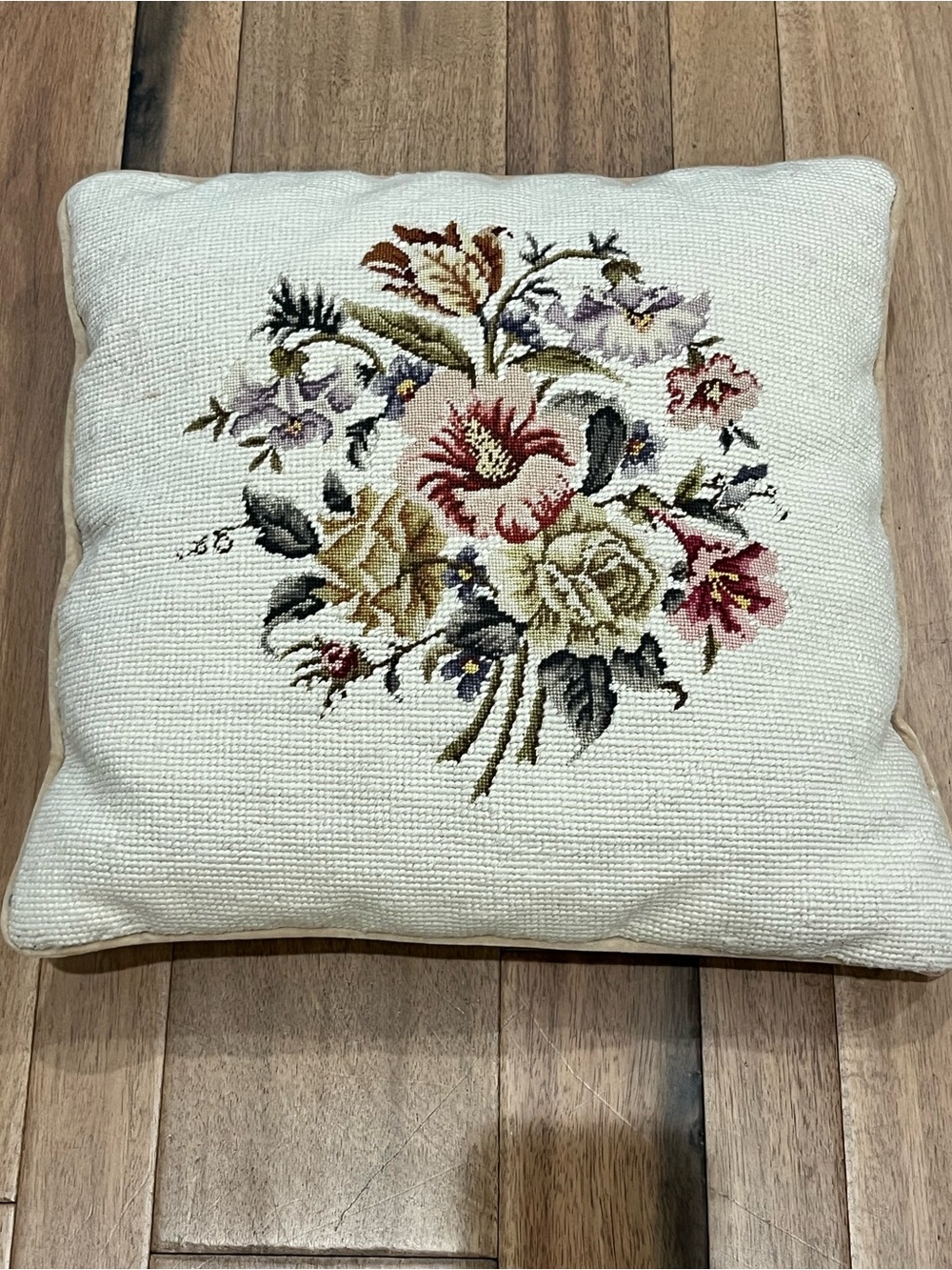 Floral Needlepoint Throw Pillow - Cream with Multicolor Bouquet